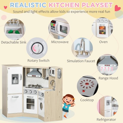 HOMCOM Kids Kitchen Playset Pretend Toy Kitchen w/ Role Play Accessories, Sound and Light Effects, Phone, Storage Space