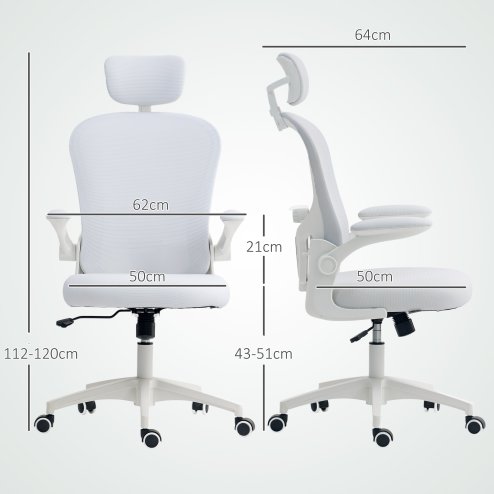 Vinsetto High Back Office Chair, Mesh Computer Desk Chair with Rotatable Headrest, 4D Lumbar Support, Flip-up Arm, Adjustable Height, White