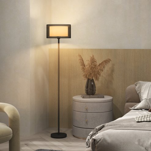 HOMCOM Floor Lamp for Living Room, Modern Standing Lamp with Double Layer Shade & Foot Switch, Minimalist Tall Pole Lampshade for Bedroom, Office, Black