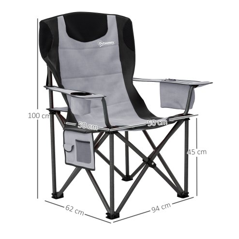 Outsunny Set of 2 Folding Camping Chairs, Padded Camping Chairs with Adjustable Armrests, Portable & Lightweight Folding Camp Chair with Cooler Bag, Cup Holder and Side Pockets, Grey