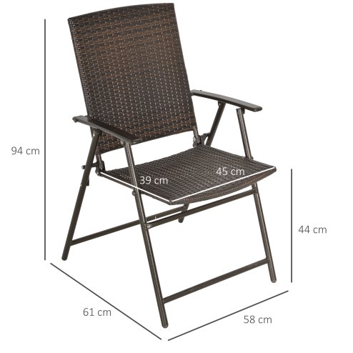 Outsunny Folding Garden Chairs Set of 2, PE Rattan Garden Dining Chairs with Armrests, High Back and Steel Frame, Weather Resistant Outdoor Dining Furniture for Patio, Balcony, Brown