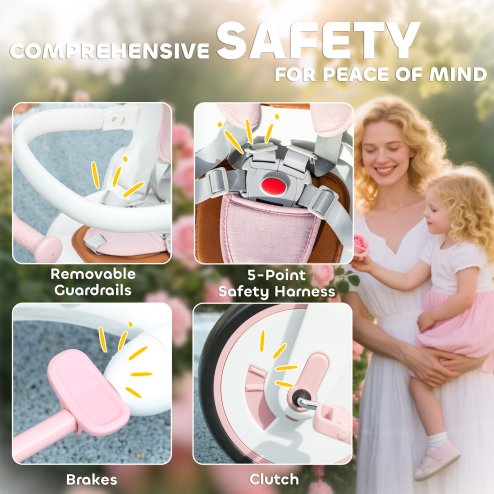 AIYAPLAY Kids Trike, Foldable Toddler Tricycle 5 in 1 with Adjustable Parent Handle & Removable Canopy, 5-point Safety Harness, Footrest, Storage Bag, for Ages 1-3 Years, Pink