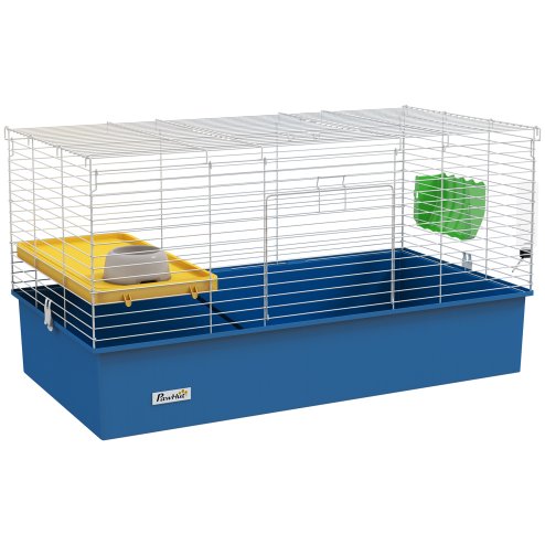 PawHut Guinea Pig Cage Chinchillas Rabbit Small Animal Cage with Ramp, Dish, Water Bottle, 99 x 52 x 53cm, Blue