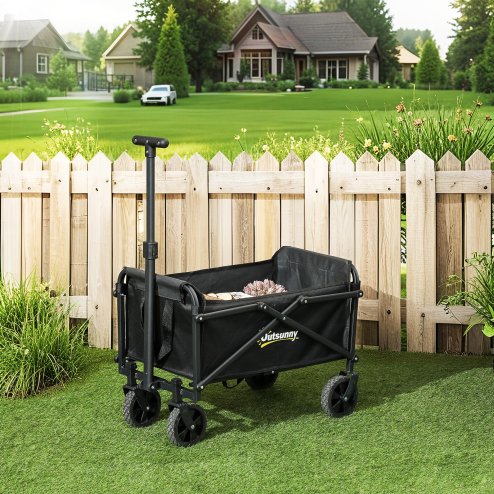 Outsunny 41L Festival Trolley on Wheels, Small Garden Folding Trolley Cart, 60kg Heavy Duty Collapsible Folding Wagon with Adjustable Handle and Carrying Bag for Beach, Camping, Festival, Black