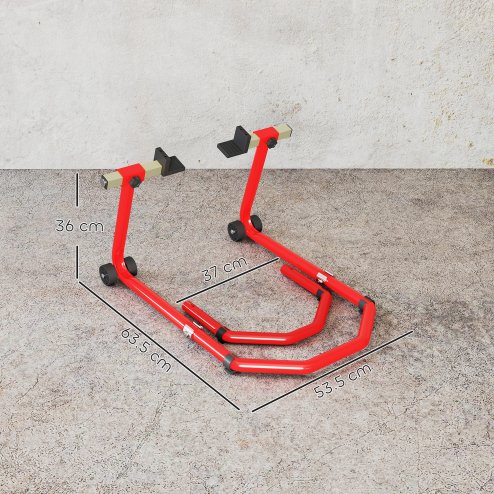 HOMCOM Motorcycle Stand Lift, 390 kg Capacity Convertible Front/Rear Motorbike Motorcycle Paddock Lift Stand with Adjustable U+L Fork Pin Adaptors, Wheels, Clamping Clips, Red