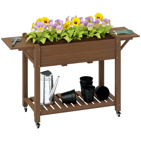 Outsunny Raised Garden Bed, Wooden Elevated Planter Box with Lockable Wheels, Side Tables and Bottom Shelf, Outdoor Planter with Liner and Drainage Holes for Vegetables, Flowers, Fruits, Carbonised