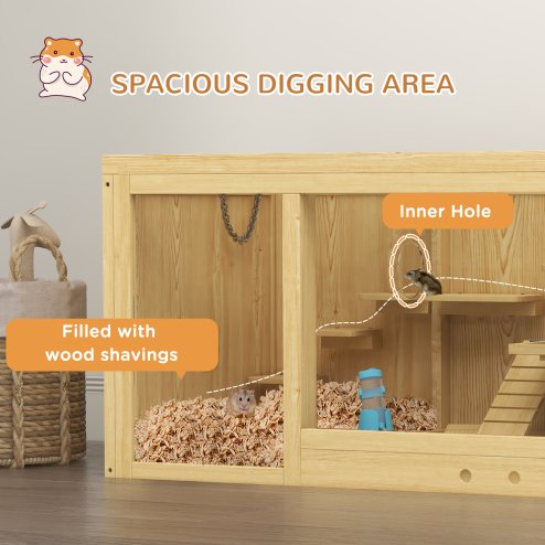 PawHut Wooden Hamster Cage with Water Bottle, Small Animal Exercise Play House with Platforms, Openable Roof, Sliding Tray, Hut, Seesaws, Natural Wood Finish