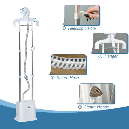 HOMCOM Upright Garment Clothes Steamer Suitable for all Fabrics with 6 Steam Setting, 45s Fast Heat-up, 1.7L Water Tank and 45min Steamer, Wrinkle and Odour Remover, White