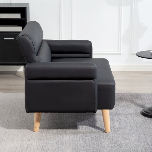 HOMCOM 2 Seater Sofa, Modern Faux Leather Couch Settee, Upholstered Small Sofa Loveseat with Wood Legs, Side Pocket for Living Room, Bedroom, Office, Black