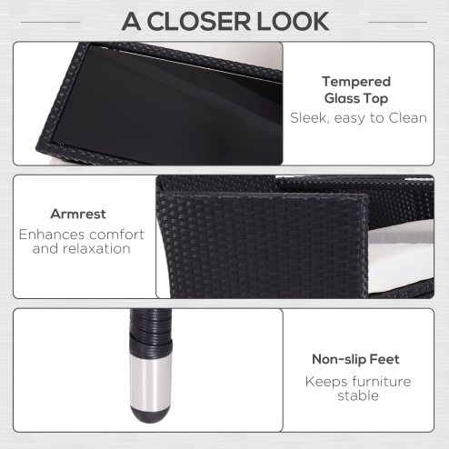 Outsunny 2 Seater Rattan Sofa with Cushions, Wicker Garden Loveseat with Armrests, Outdoor Garden Sofa Couch with Metal Frame for Patio, Black