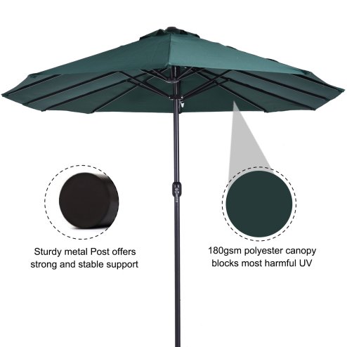 Outsunny 4.6m Large Garden Parasol Double-Sided Sun Umbrella Patio Market Canopy Shade Outdoor Dark Green - NO BASE