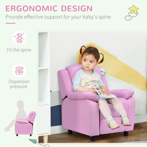 HOMCOM Kids Sofa Armchair Toddler Recliner Children's Chair Lounger Games Chair  PU Leather w/ Storage  (Pink)
