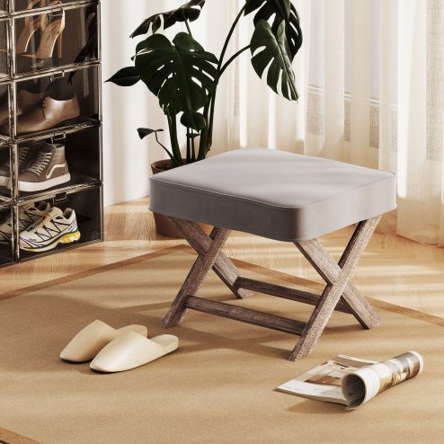 HOMCOM Vintage Footstool Padded Seat X Leg Chair Velvet Cover Shabby Chic Footrest Solid Rubber Wood Frame 49.5 x 45 x 41 cm Grey