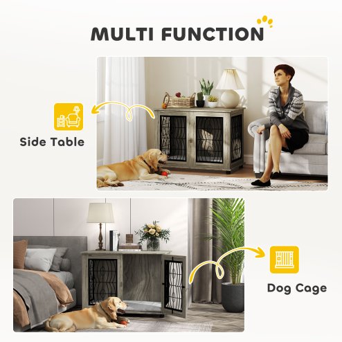 PawHut Dog Crate Furniture, Dog Cage with Soft Washable Cushion, Furniture-Style Pet Kennel Indoor House End Side Table for Small Medium Large Breeds, 100 x 60 x 73.5 cm, Grey