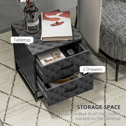 HOMCOM Bedside Tables Set of 2, Modern Bedside Table Nightstand with 2 Drawers, Bedside Cabinet Sofa Side Table with Storage, Steel Legs for Bedroom, Living Room, Grey