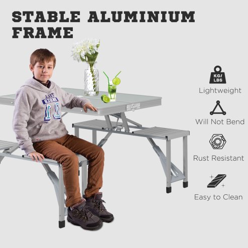 Outsunny Folding Picnic Table with 4 Seats and Umbrella Hole, Aluminium Frame Portable Camping Table Set for Patio, Porch, Garden, Grey