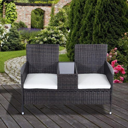 Outsunny 2 Seater Rattan Sofa with Cushions, Wicker Garden Loveseat with Armrests, Outdoor Garden Sofa Couch with Metal Frame for Patio, Brown