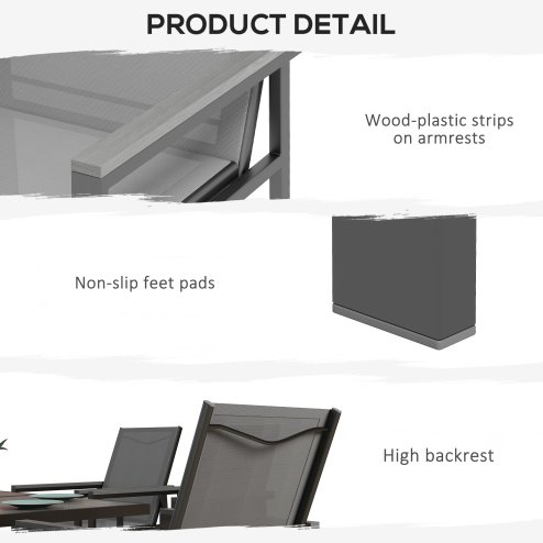 Outsunny 5 Pieces Garden Dining Set with Glass Top Dining Table, Outdoor Patio Table and 4 Armchairs with Texteline Fabric Seats and Backrest, Wood-plastic Composite Armrests Top, Grey