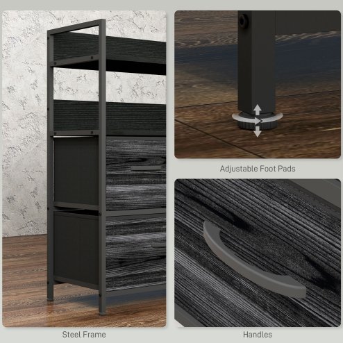 HOMCOM Bedroom Chest of Drawers, Fabric Dresser with 5 Drawers, Storage Organiser Unit with Open Shelves and Metal Frame for Living Room, Entryway