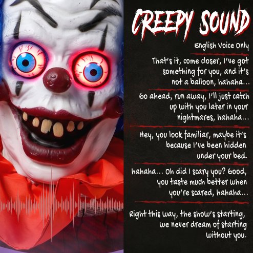 HOMCOM 167cm Life Size Animated Clown Halloween Decorations Outdoor Indoor, Scary Halloween Animatronics Decor with Sound Touch Activated, Red Light Up Eyes, Animated Prop for Haunted House Garden