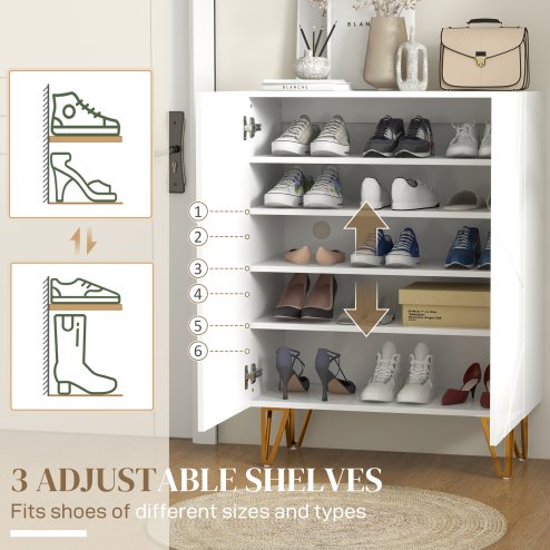 HOMCOM Narrow Shoe Cabinet with High Gloss, Slim Shoe Storage Cabinet with Soft-Close Hinges and Adjustable Shelves for 15-20 Pairs of Shoes