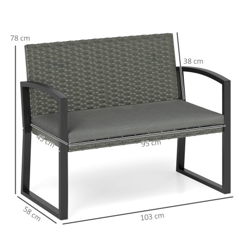 Outsunny 2 Seater Rattan Garden Bench, Outdoor Bench with Cushion, PE Wicker Garden Loveseat with Armrests, Galvanised Steel Frame for Patio, Park, Dark Grey