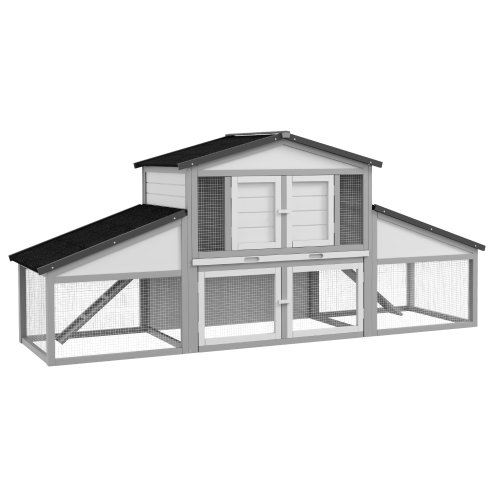 PawHut Large Rabbit Hutch with Run, Outdoor Bunny Cage with Tray, Ramp, Wooden Guinea Pig House, Light Grey