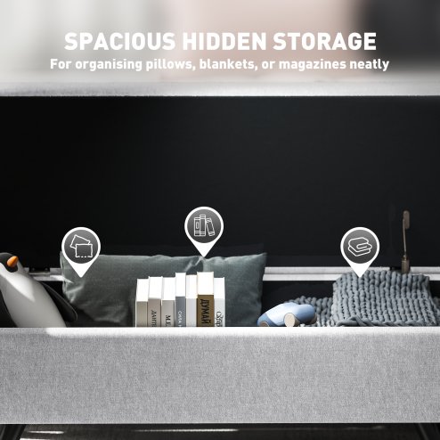 HOMCOM Storage Ottoman with Armrest, Upholstered Linen Storage Bench, Window Seat with Rubberwood Legs, Footstool for Bedroom Living Room, Hallway, Light Grey