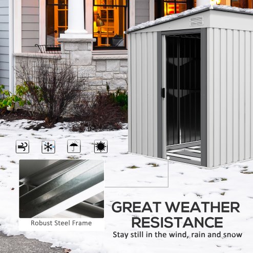 Outsunny 7 x 5FT Galvanised Metal Garden Shed with Foundation, Lean to Shed, Tool Storage House with Sliding Doors, 2 Vents, Adjustable Shelves and Hooks, White