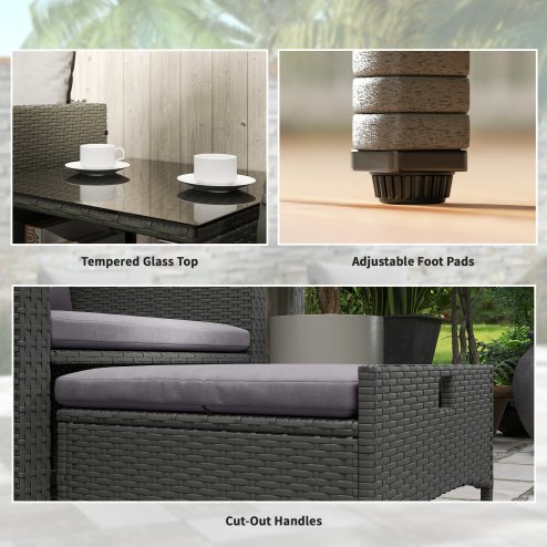 Outsunny 5 Piece Rattan Garden Furniture Set, Wicker Patio Conversation Set with 2 Chairs, 2-Tier Coffee Table, 2 Ottomans and Thick Cushions for Outdoor, Balcony, Bistro, Porch, Grey