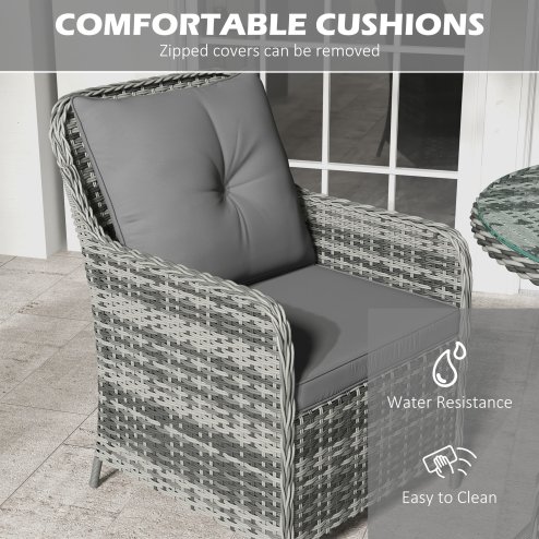 Outsunny 4 Seater Rattan Dining Set with Parasol, Luxury Rattan Garden Furniture Set with Seat and Back Cushions, Outdoor Table and Chairs, Round Glass Top Table