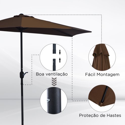 Outsunny 2.7m Garden Half Parasol, Outdoor Balcony Umbrella with 5 Steel Ribs, Patio Sun Shade, Brown