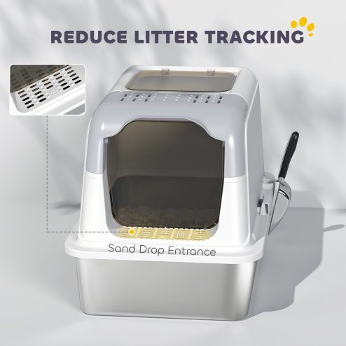 PawHut Stainless Steel Litter Box with Lid, Extra Large Hooded Cat Litter Tray for Big Cats with Front-Entry and Top-Exit, Metal Scoop, Deodorizer Bag, Non-Sticky, Odour Control and Easy Clean