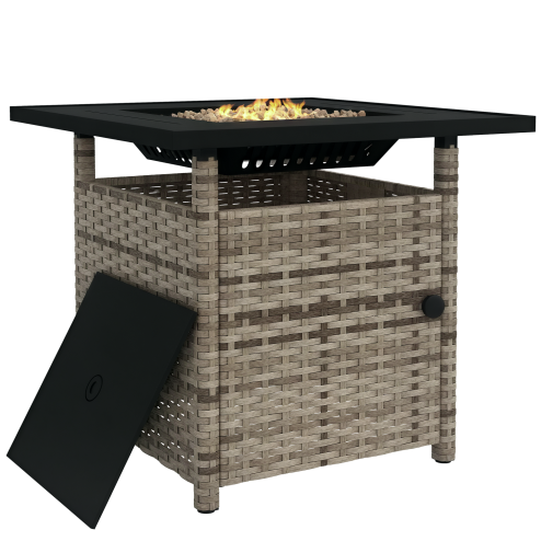 Outsunny Outdoor Rattan Gas Fire Pit Table, 50,000 BTU Square Garden Table with Fire Pit, Rain Cover, Wind Guard, Pulse-Ignition and Volcanic Rock, 72.5 x 72.5 x 67.5 cm, Grey