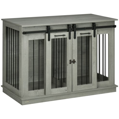PawHut Dog Crate Furniture for Large Dog, Double Dog Cage for Small Dogs with Divider, Sliding Doors - Grey