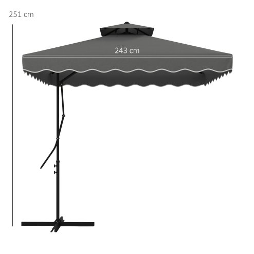 Outsunny 2.5m Cantilever Parasol with Easy Lever, Square Double Top Garden Parasol Umbrella with Ruffles and Cross Base, Overhanging Outdoor Sun Shades, Dark Grey