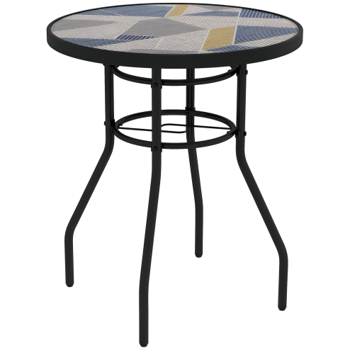 Outsunny 60 cm Garden Round Coffee Table,  Outdoor Side Table with Tempered Glass Printed Table Top and Foot Pads for Porch, Balcony, Multicolour