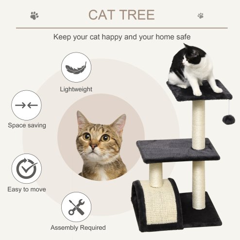 PawHut Cat Tree Tower for Indoor Cats, 72cm Climbing Activity Centre w/ Sisal Scratching Post, Pad, Arc Perch, Hanging Ball, Toy - Black