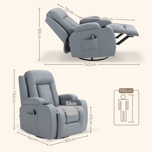 HOMCOM Massage Recliner Chair with 8 Vibration & Heat, PU Leather Recliner Armchair with Cup Holders and Side Pockets, Manual Reclining Chair with Remote, 360° Swivel, Rocking, Light Grey