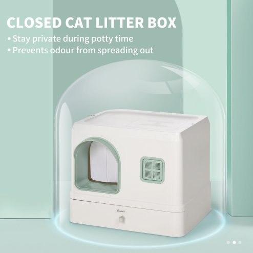 PawHut Cat Litter Box with Drawer Pan, Hooded Cat Litter Tray with Scoop, Deodorants, Front Entrance, 50 x 40 x 40cm - White
