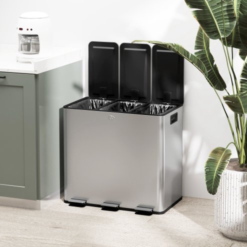 HOMCOM Triple Kitchen Bin, 3 x 15L Pedal Bin, Stainless Steel Three Rubbish Bin with Removable Inner Buckets, Soft Close Lid, Fingerprint-Proof for Recycling and Waste