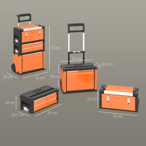 HOMCOM 3-in-1 Rolling Tool Box, Stackable, Modular Powder Coated Steel Toolbox with Tray, Handles, Latches, Wheels, Heavy Duty Tool Storage System for Workshop, Garage, 520mm x 320mm x 720mm, Orange
