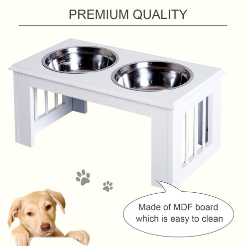 PawHut Raised Dog Bowl Feeding Bowls with Stand for Medium Dogs Elevated Pet Bowls Water Food Feeder 58L x 31W x 25H cm - White