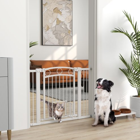 PawHut Stair Gate, 77cm Extra Tall Dog Gate with Adjustable Width, 76-104cm Pressure Fit Safety Gate with Cat Door, 7cm and 14cm Extensions, for Stairs, Doorways, Easy Installation, White