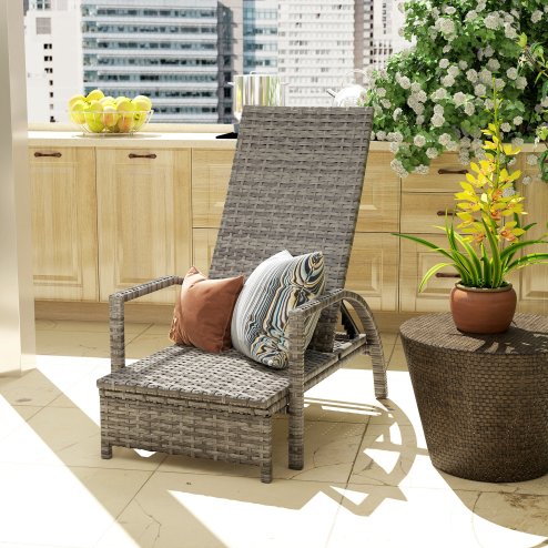 Outsunny PE Rattan Sun Lounger, Garden Lounger with 4-Level Adjustable Backrest, Outdoor Sunbed with Retractable Footrest for Balcony, Beach, Patio, Mixed-grey