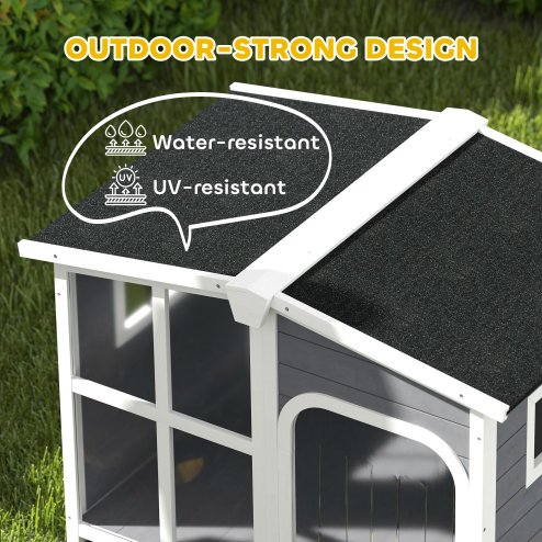 PawHut Wooden Dog Kennel, Elevated Dog House with Removable Floor, Asphalt and Openable Roof, Giant Window, Outdoor Pet House Shelter for Large Dogs, Charcoal Grey