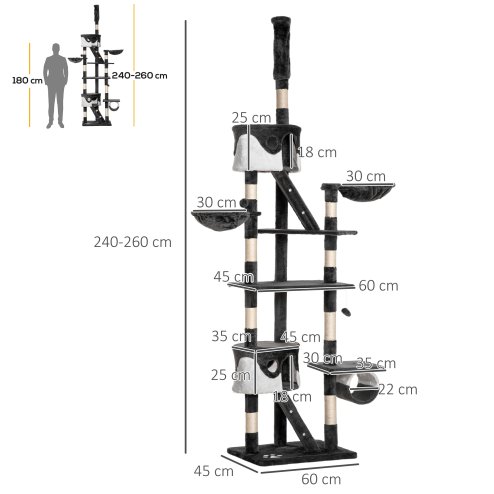 PawHut Floor to Ceiling Cat Tree, 240-260cm Adjustable Height Kitten Tower with Scratching Posts, Cat Houses, Ramps, Hammocks, Toy Balls, Tunnel for Indoor Use - White