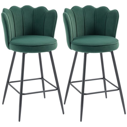 HOMCOM Bar Stools Set of 2, Modern Velvet-Feel Barstools with Petal Backrest and Footrest, Upholstered Breakfast Bar Chairs with Metal Legs for Kitchen Island Counter, Dining Room, Dark Green