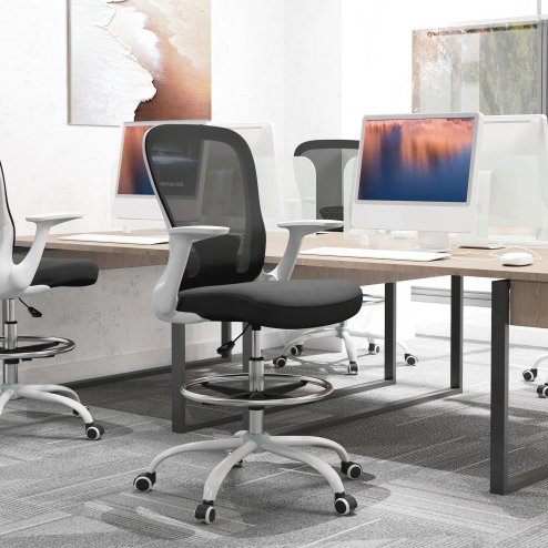 HOMCOM Drafting Chair, Swivel Draughtsman Chair, Ergonomic Office Chair, Mesh Standing Desk Chair with Flip-up Armrest, Lumbar Support, Adjustable Foot Ring, Black and White