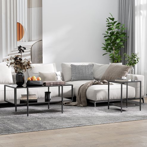 HOMCOM Tempered Glass Side Table with Storage, Modern 2-Tier Bedside Table with Steel Frame, Black